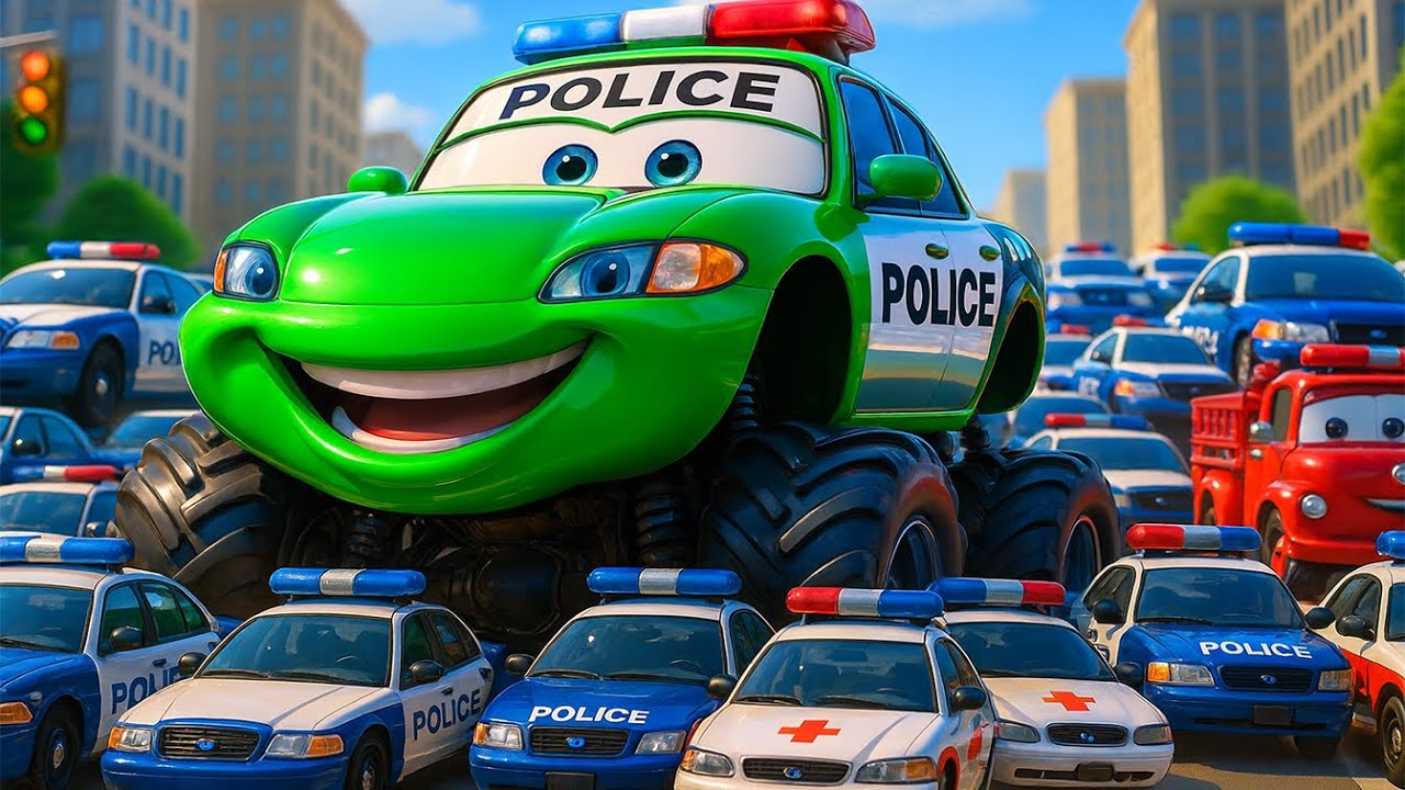Storm Emergency! Can They Save the Giant Green Police Truck? ⚡🚔 | Funny Vehicles Animation