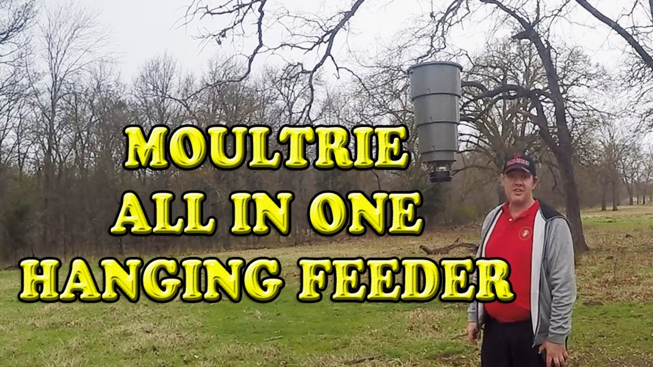 MOULTRIE 5 GALLON ALL IN ONE HANGING FEEDER UNBOXING AND DEMONSTRATION