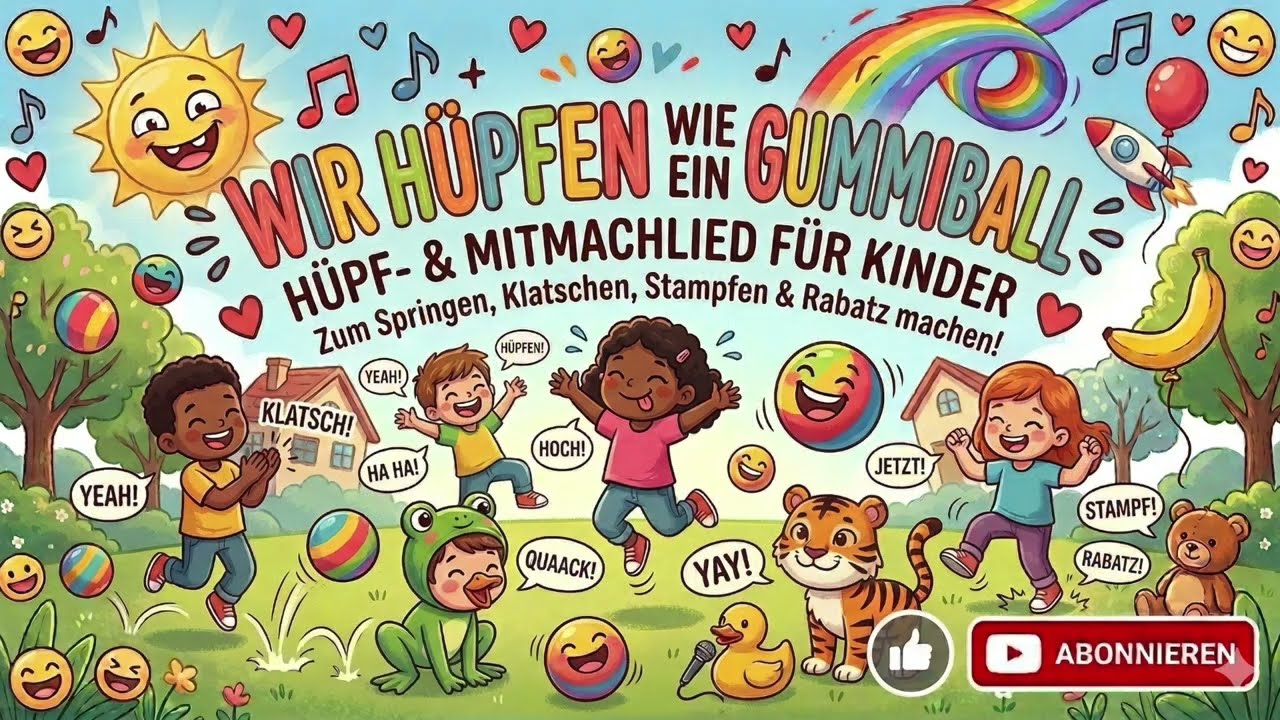 🔵 Wir hüpfen wie ein Gummiball 🟠 | Lustiges Mitmach-Kinderlied | Hüpfen Klatschen Stampfen