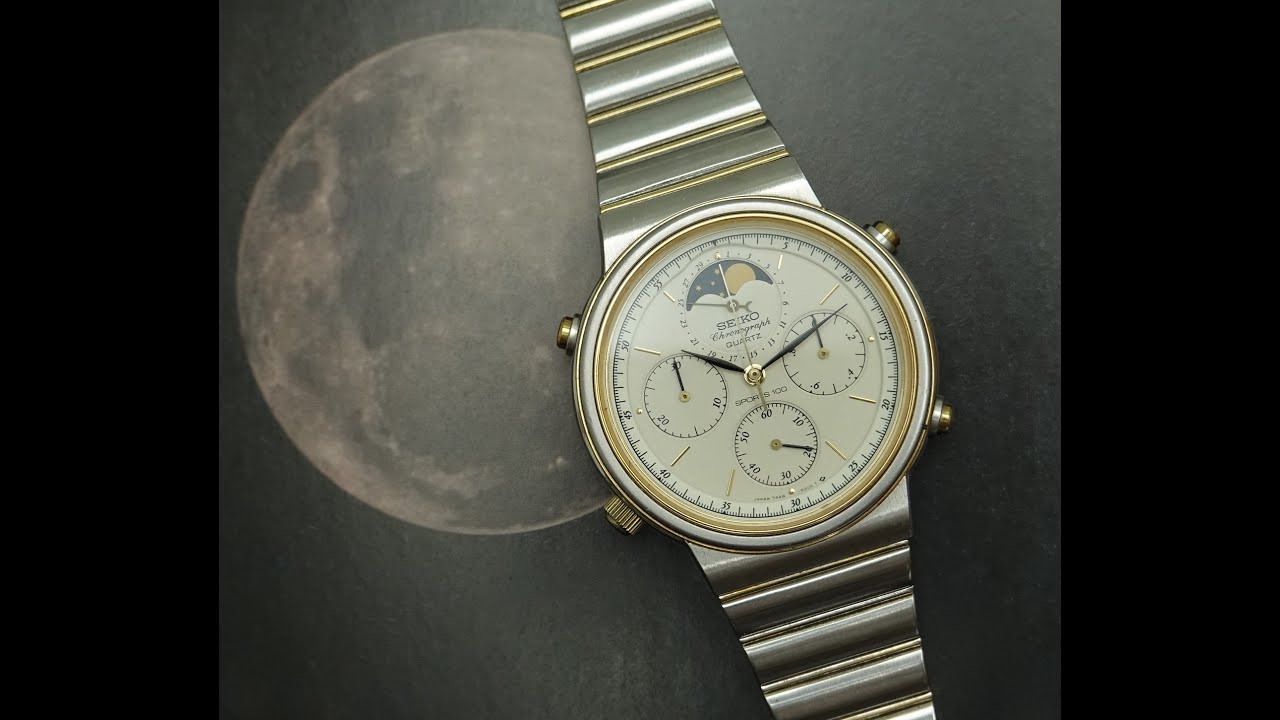 1986 Seiko men's vintage chronograph watch with moonphase.  Model reference 7A48-5000