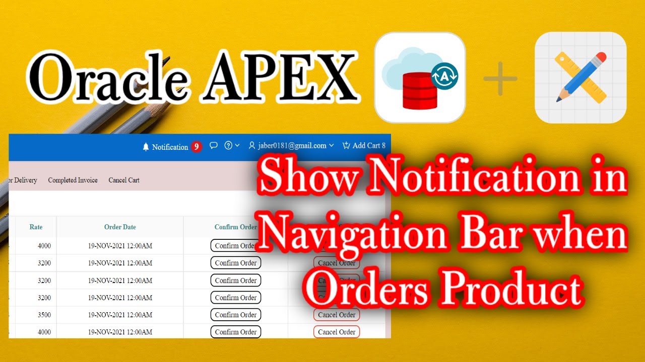 How to Display a Notification in Navigation Bar when someone orders a product on Oracle Apex?