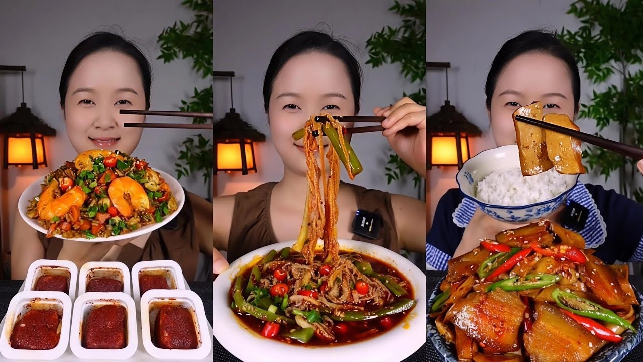 ASMR Chinese Food Eating Shrimp Fried Rice + Spicy Tripe + Spicy Bamboo Shoots Mukbang 중국 먹방 🍤🔥