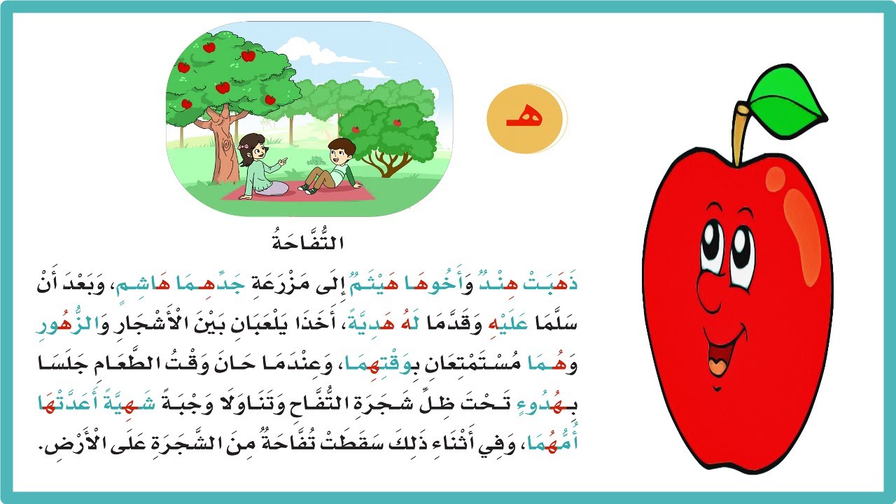 التفاحة| نص اثرائي حرف الهاء| لغتي الصف الاول الابتدائي| ذهبت هند|المنهج السعودي|تعليم الاطفال اللغة