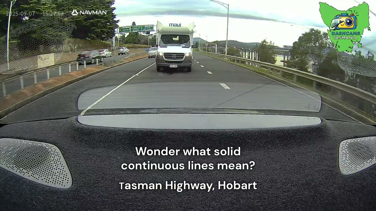 Tasman Highway, Hobart : 2 in 1 : Change lanes over solid line and speeding