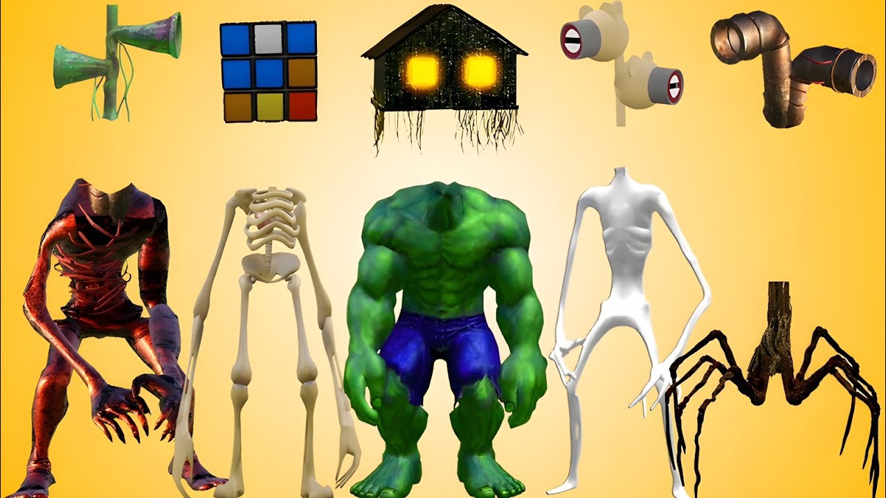 WRONG HEADS SIREN HEAD FUSED, SIREN HEAD ACA HURRICANE, HOUSE HEAD, MEET GRINDER, SKELETON