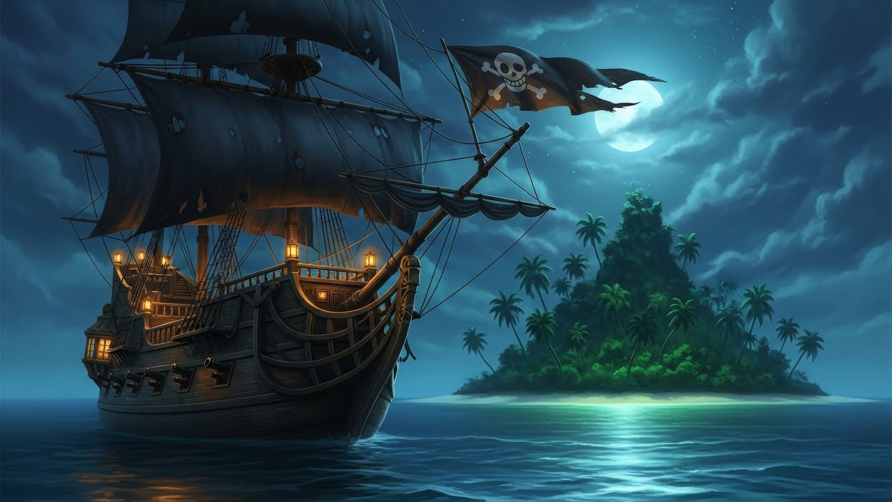Pirate Ship at Night 🌙 | Relaxing Ocean Waves & Lantern Light Ambience