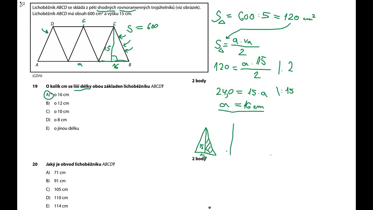 Řešený příklad - maturita za matematiky: obsahy, obvody, lichoběžní, trojúhelník, pythagorova věta