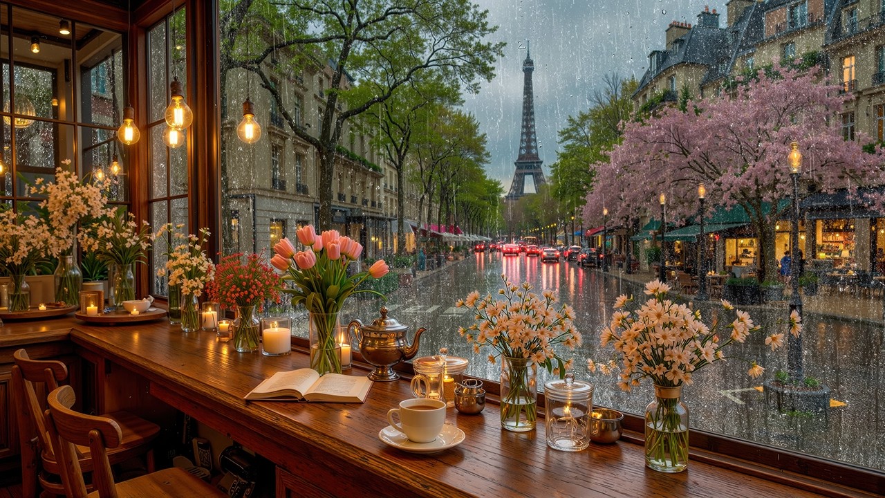 Rainy Paris Jazz Café - Eiffel Tower View & Cozy Spring Window Ambience for Study & Relax