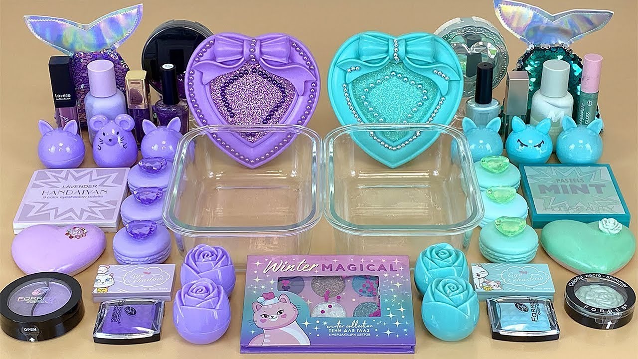 PURPLE vs MINT. SLIME Mixing makeup and glitter into Clear Slime. ASMR Satisfying Slime Videos 1080p