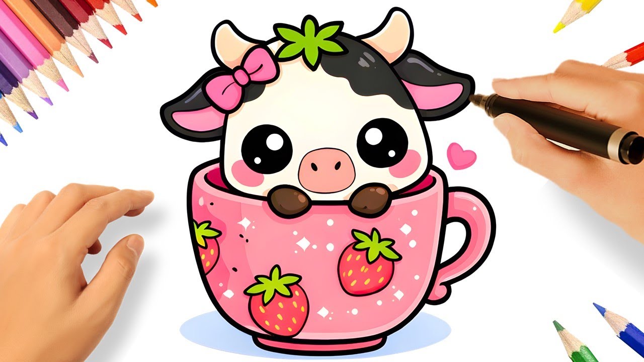 HOW TO DRAW A CUTE STRAWBERRY COW KAWAII EASY 🐮🍓