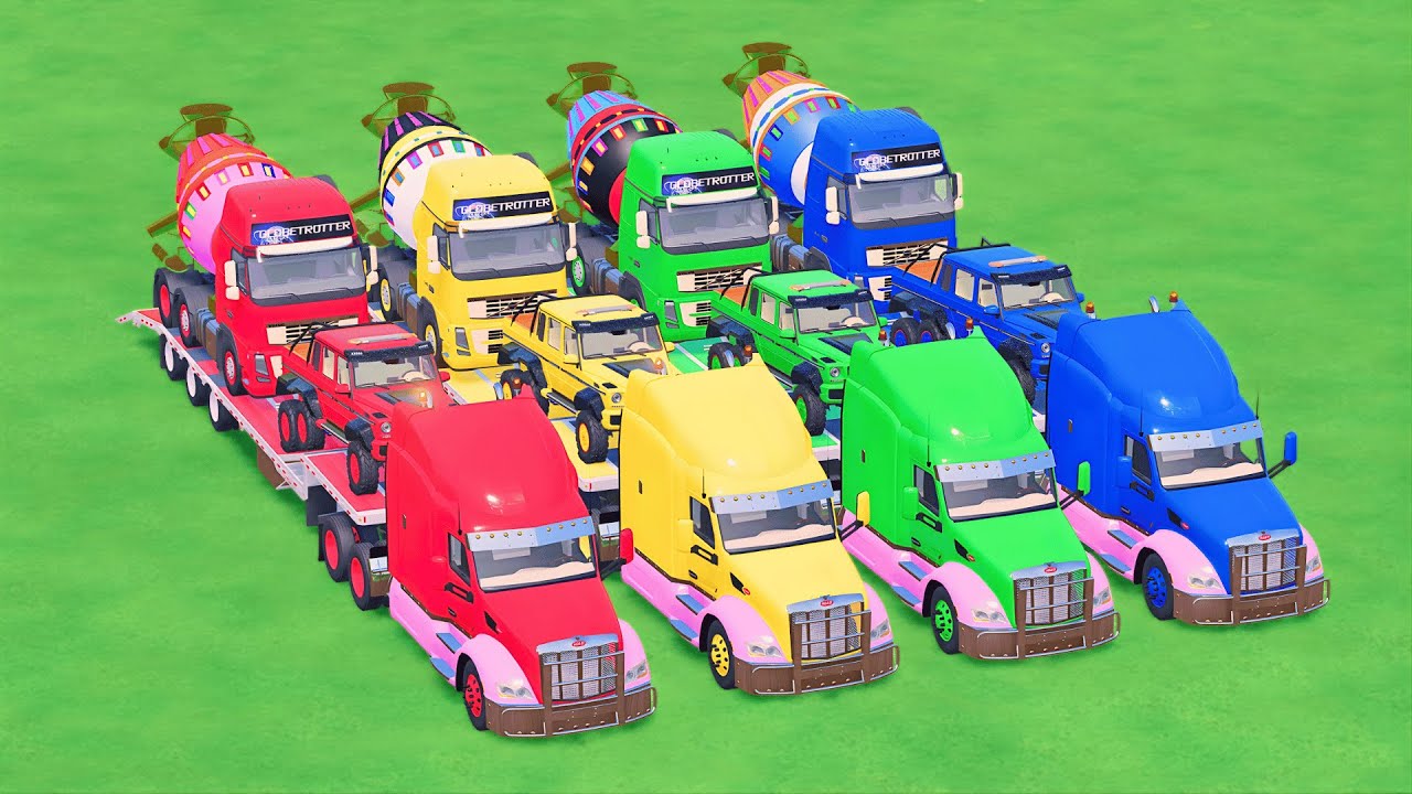 TRANSPORTING MIXER TRUCK, PETERBILT, BRABUS 6X6, COLORFUL CARS WITH TRUCK - FS22