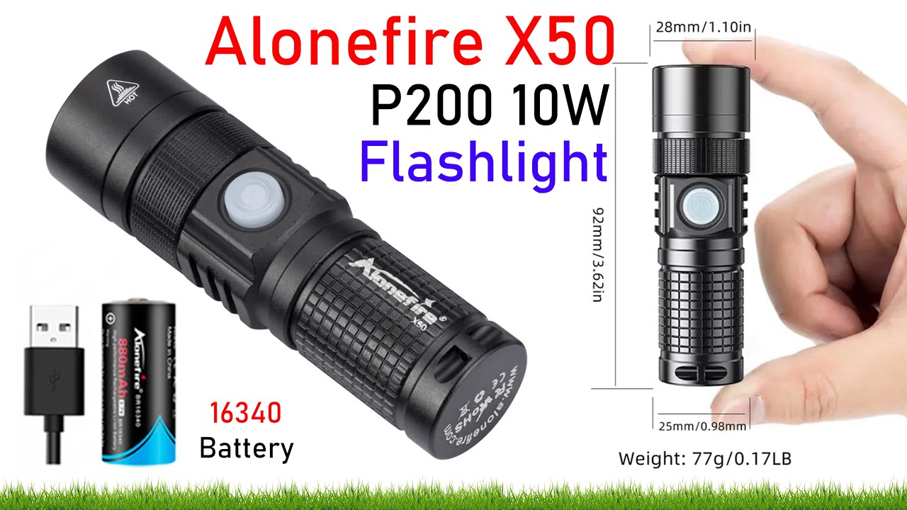 Alonefire X50 P200 10W Rechargeable Zoom LED Flashlight 🔦 Mini Pocket Torch (16340 Battery, Type-C)