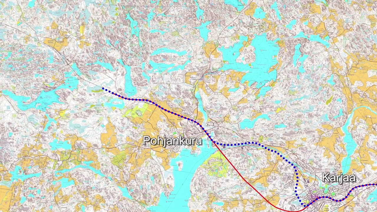 Kartta-animaatio koko rantaradasta väliltä Helsinki–Turku satama