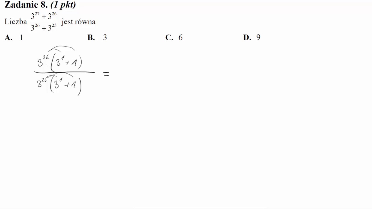 Liczba 3^27+3^26 przez 3^26+3^25 jest r&oacute;wna