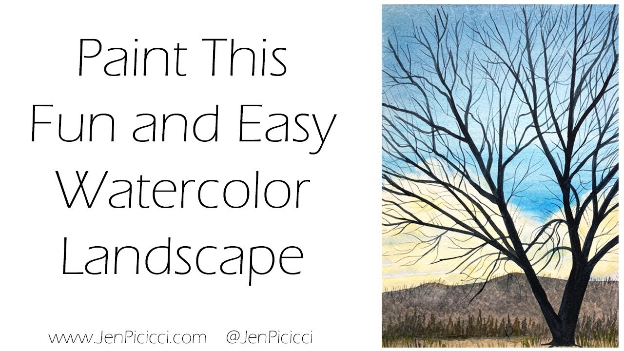Easy Beginner Watercolor Tree and Mountain Scene