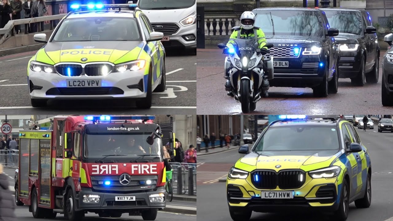 Emergency vehicles responding across London Police, London Fire Brigade & LAS using lights & sirens