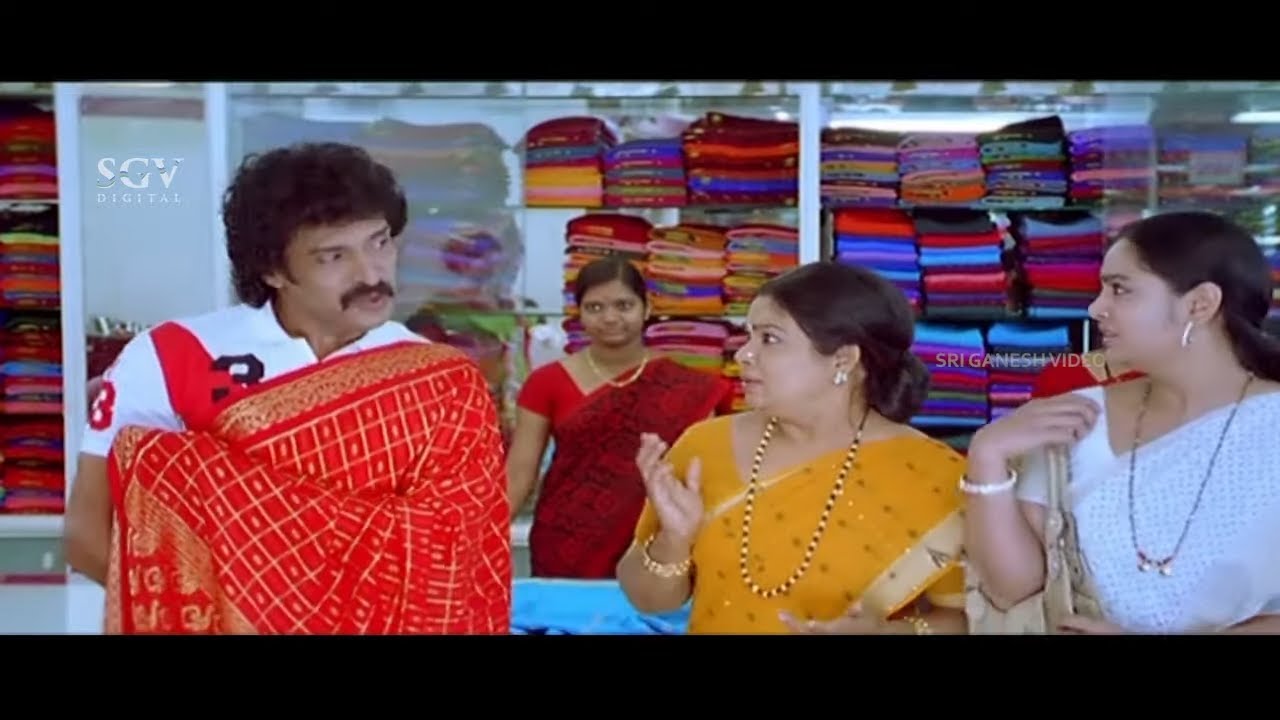 Upendra Obsessed With Red Colour & Wears Saree in Shop | Kalpana Kannada Movie Part-4