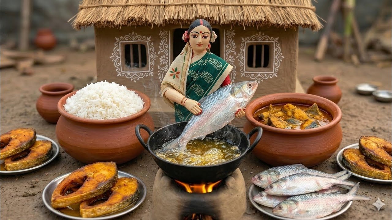 Miniature Doll massive fish Cooking ASMR |Feeding the Poor |Indian VillageTiny Kitchen Story