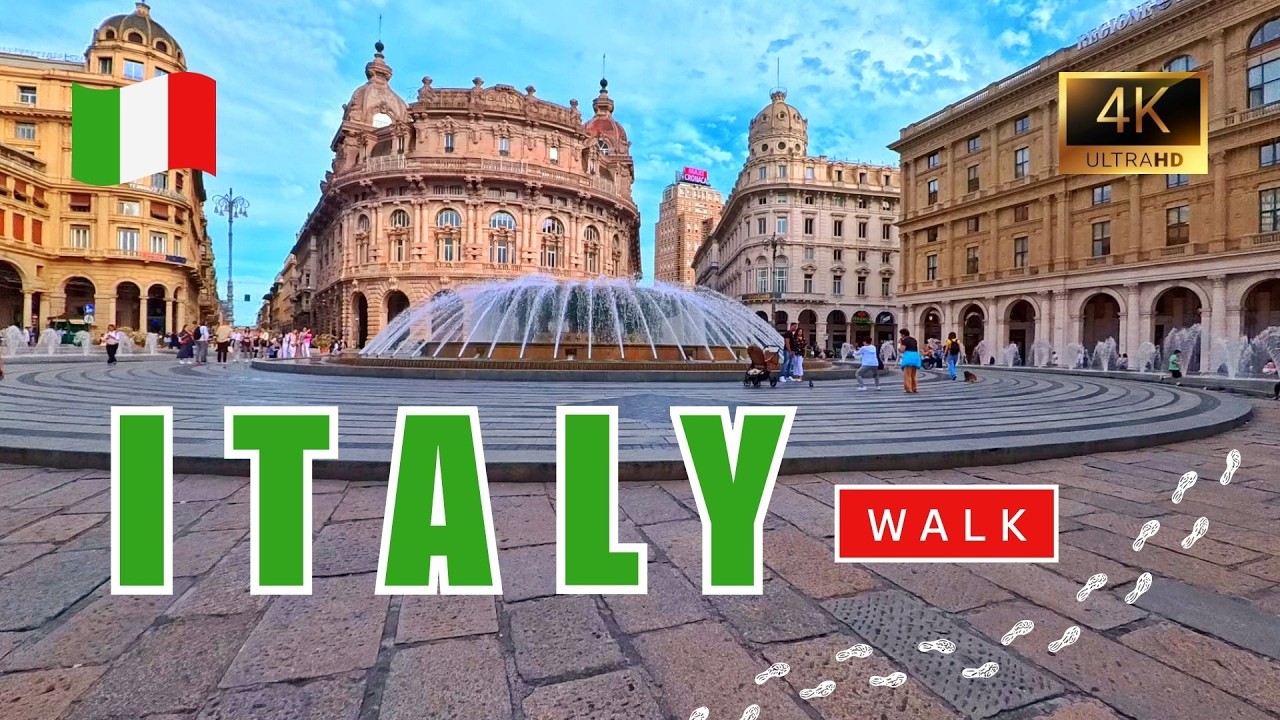 4K Genoa City Walk 🇮🇹 Piazza De Ferrari Fountain Loop (Immersive Urban Sounds)