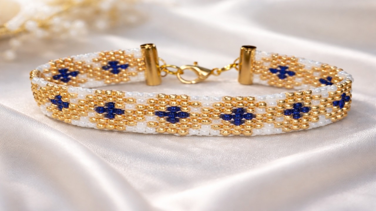 Bracelet fin tissage loom doré blanc et bleu