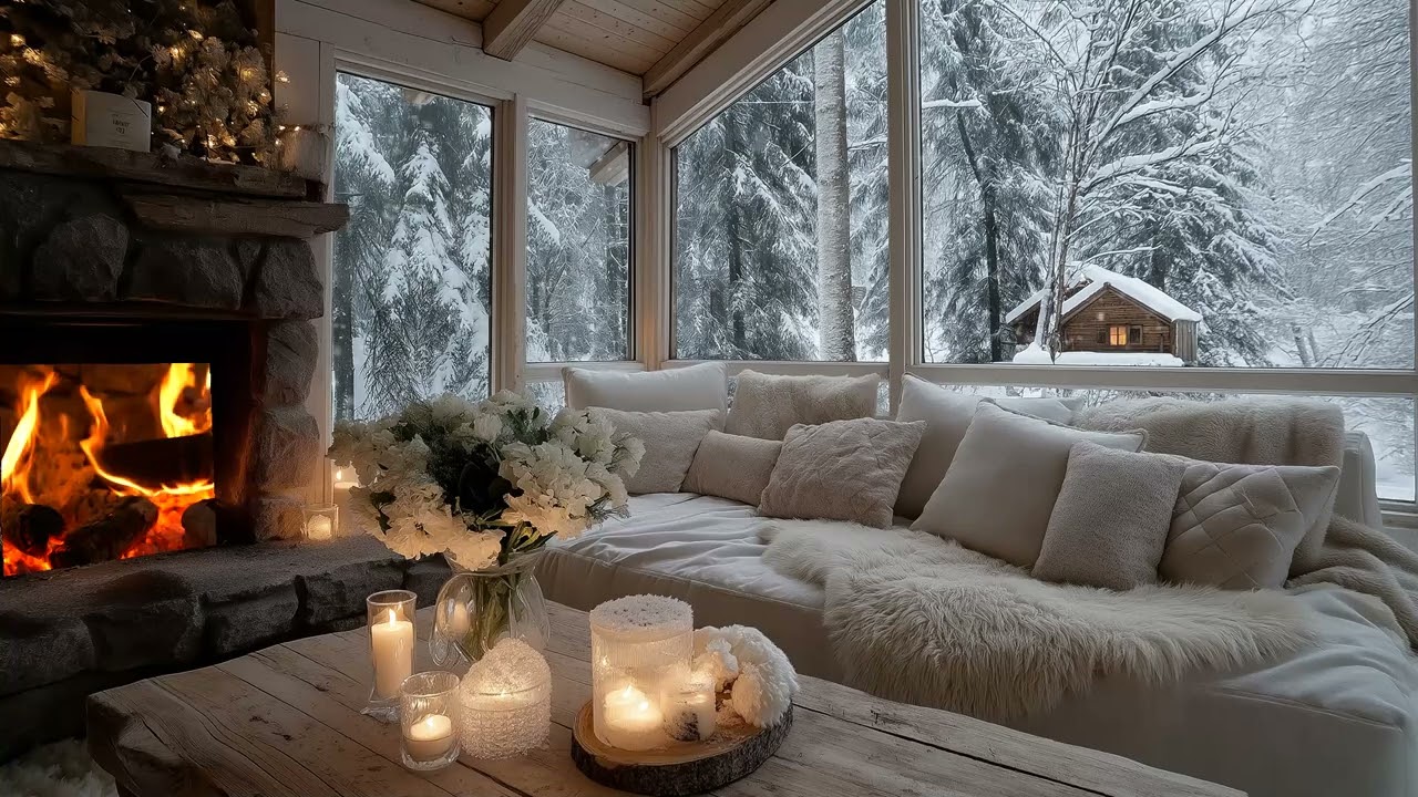 🎹❄️White Lounge Snow Piano | Warm Fireplace Winter Ambience for 3 Hours | Calm Mind Study Meditation