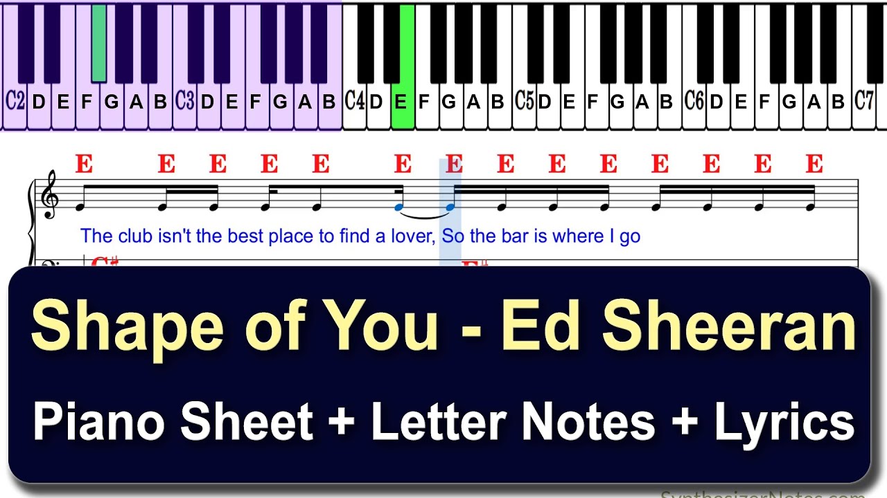 Shape of You   Ed Sheeran    Easy Piano Sheet Notes with Lyrics
