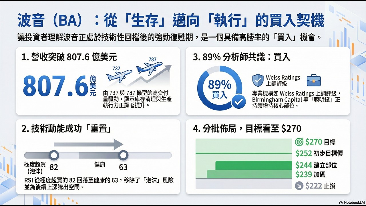 波音(BA)：從「生存」邁向「執行」的轉型時刻，一個具備高勝率的「買入」機會。