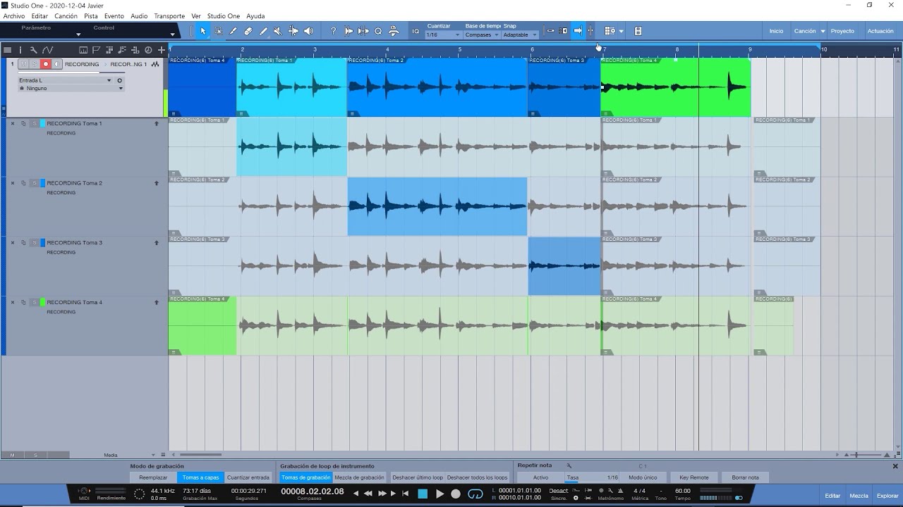 Tomas de grabación comping en Studio One