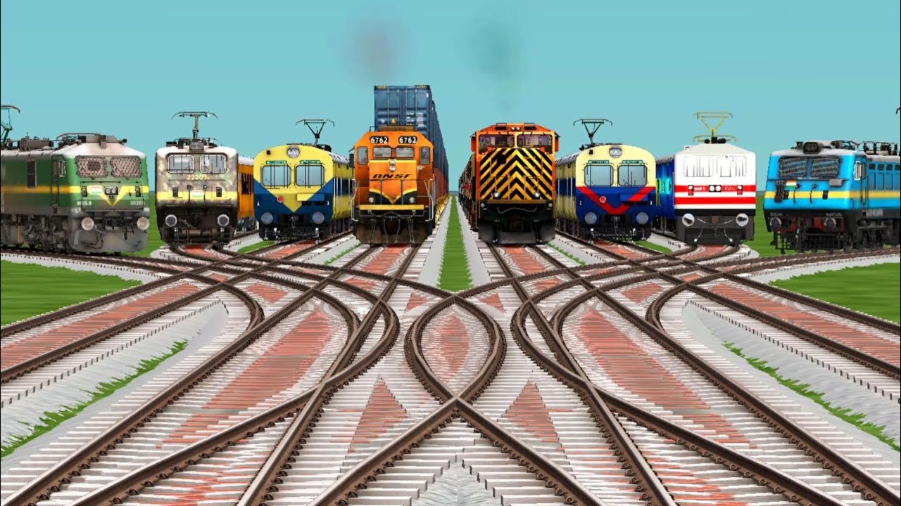 Eight Trains Crossing At Bumpy Forked Railroad Tracks | Indian railways | steam train cartoon video