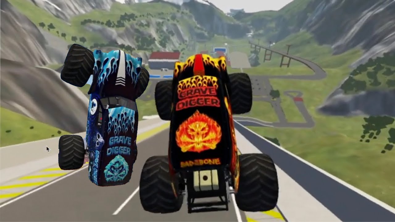 Epic High Speed Jumps & Monster Truck Crashes 10: BeamNG Drive Monster Trucks Grave Digger & Bigfoot