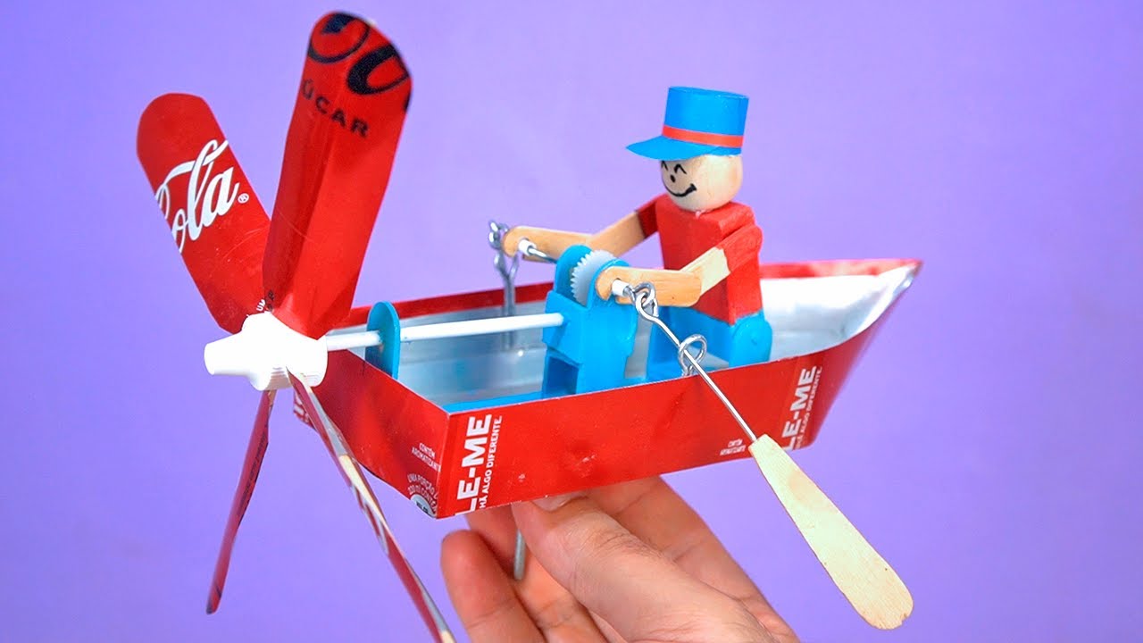 Make an Amazing Mini Row Boat Whirligig reusing Soda Cans