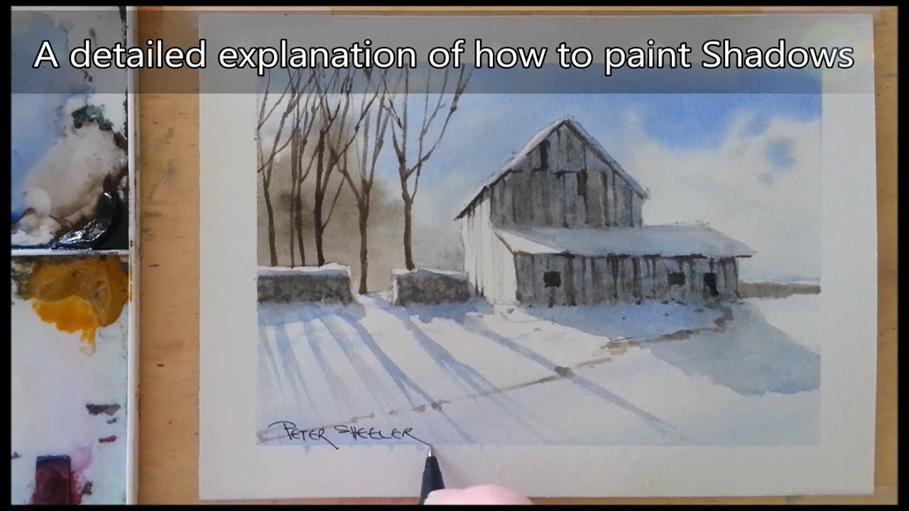 A detailed tutorial on painting shadows in watercolor. Easy to follow. Winter Barn Peter Sheeler