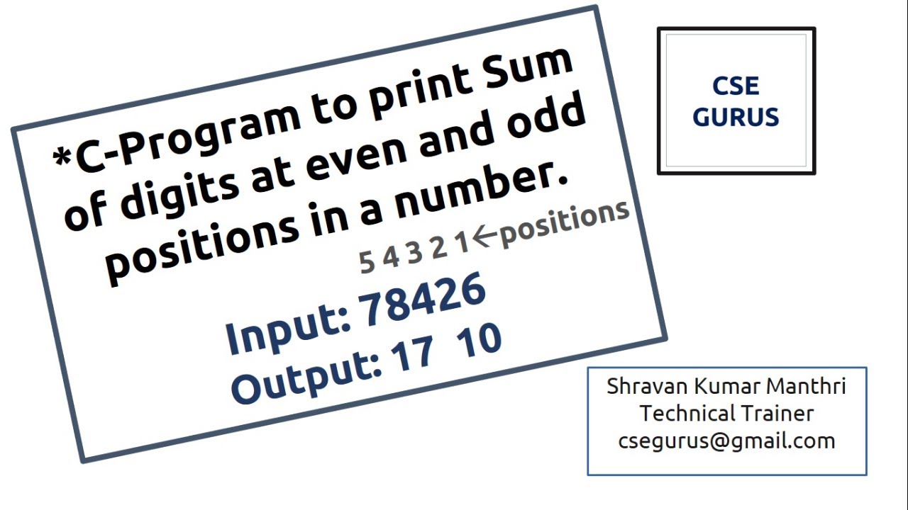 Sum of digits at even and odd positions in a Number (C-Program) || CSE GURUS