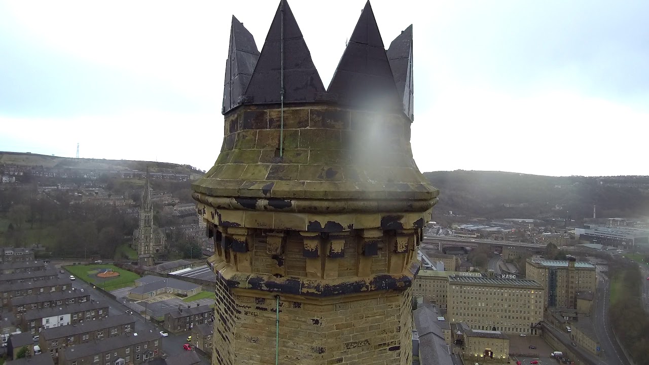 Dean clough mill chimney from above
