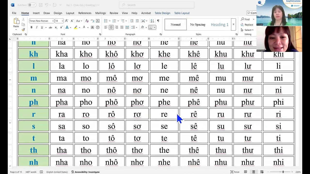 Vietnamese pronunciation practice lesson by Filipino student