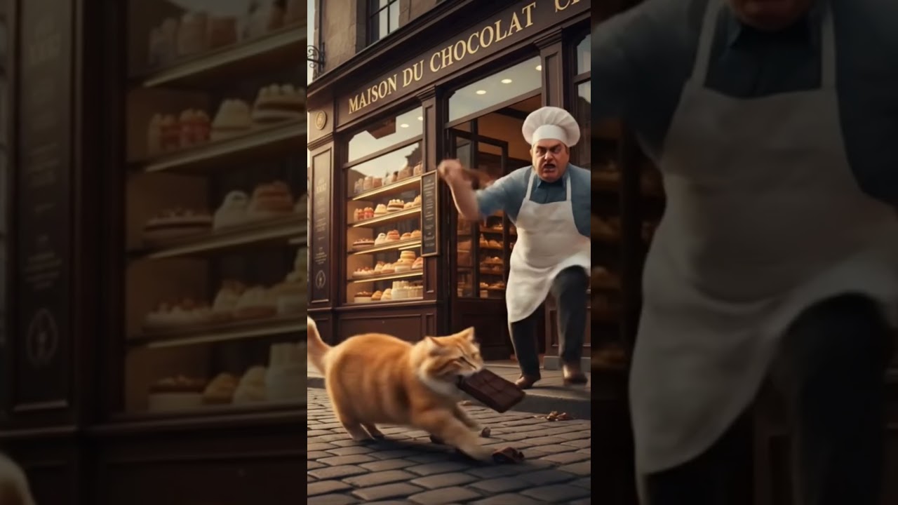 Cat fighting for the chocolate with the shop owner