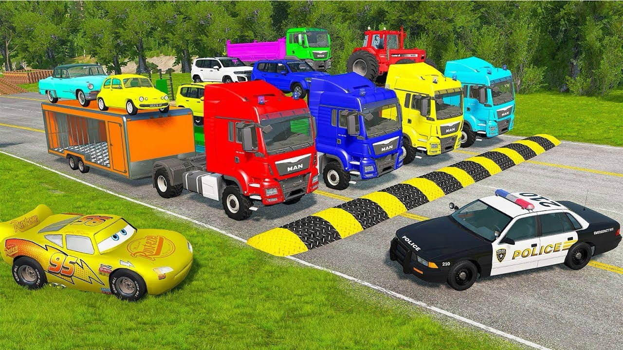 Trucks Transporting cars with Flatbed Trailers  Cars vs Speedbump vs Train vs Pothole