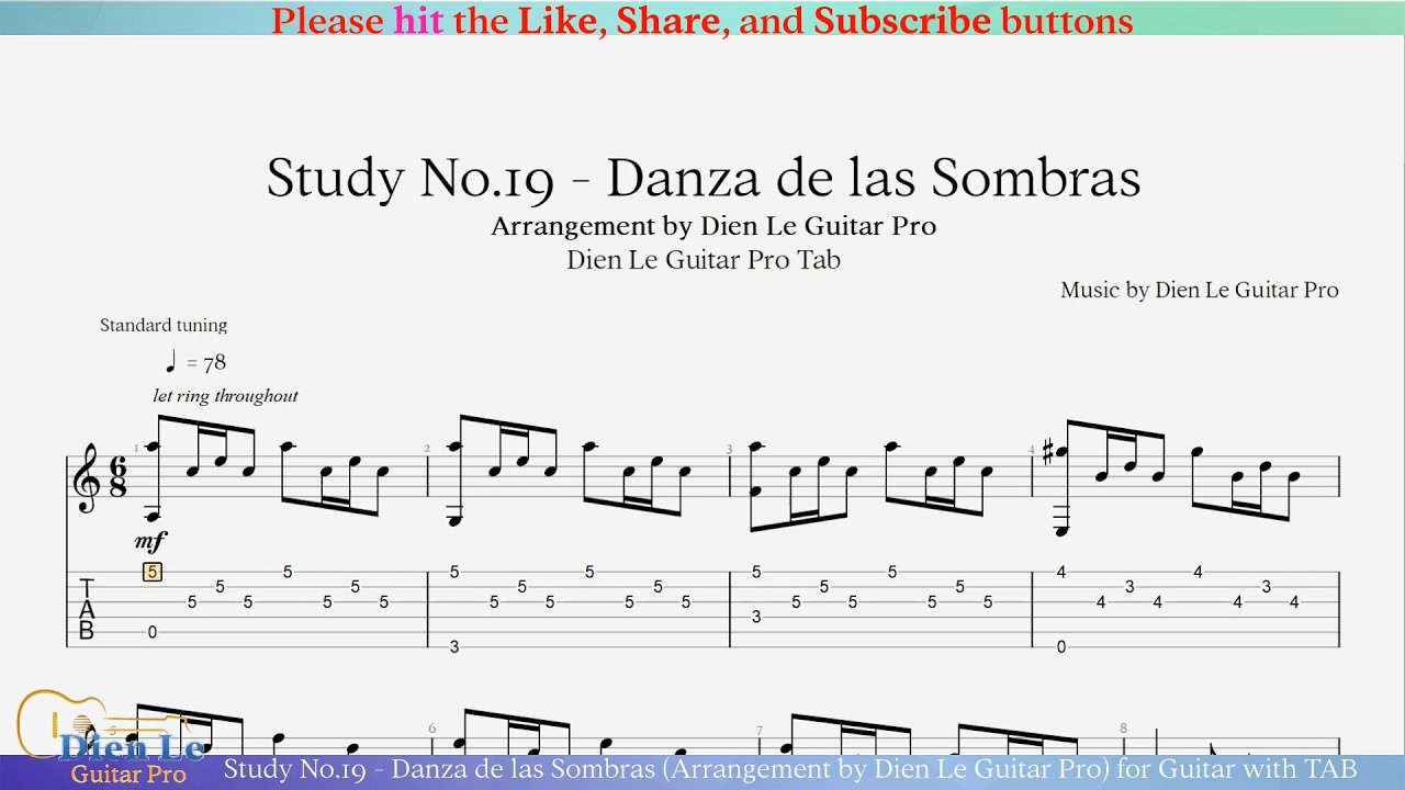 Study No.19 - Danza de las Sombras (Arrangement by Dien Le Guitar Pro) for Guitar with TAB