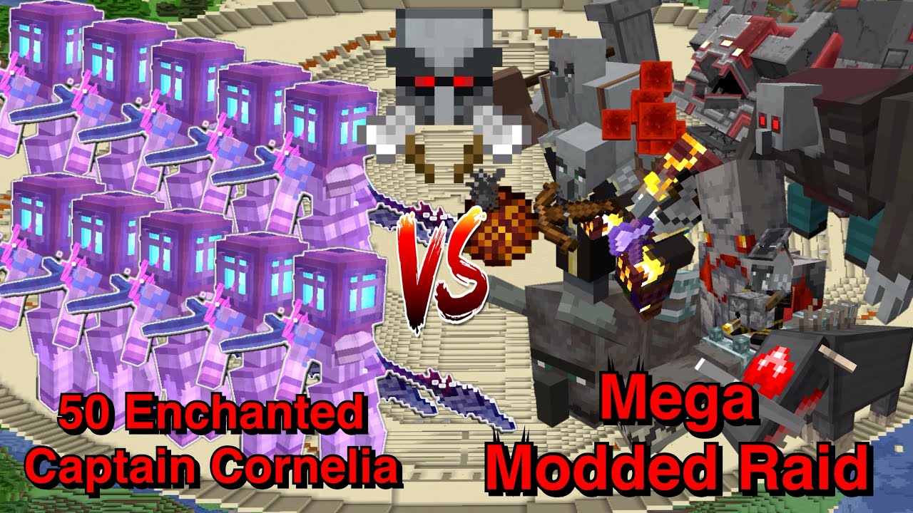 Minecraft |Mobs Battle|  50 Enchanted Captain Cornelia (Aquamirae) VS Mega Modded Raid
