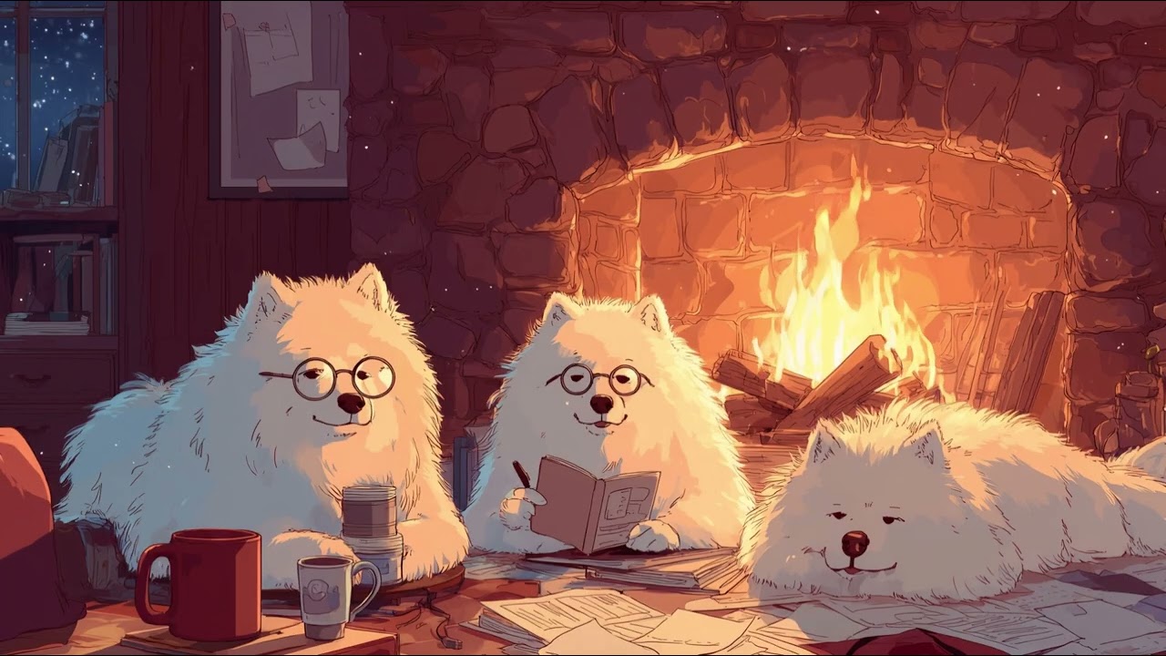 🔥 壁爐旁的薩摩耶和冬日暖意 | 冬季放鬆 Lofi — Fireplace Lofi Beats