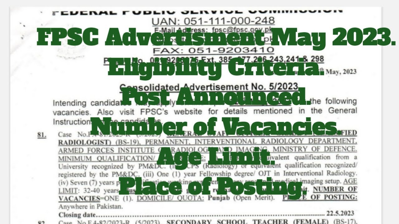 FPSC Current Advertisement May 2023 || Current Consolidated Advertisement No 5/2023.