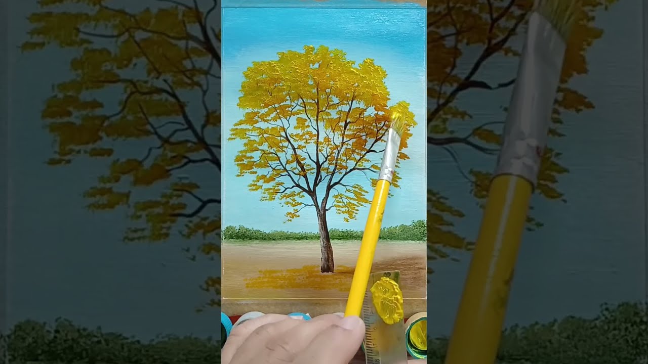 Como Pintar Paisagem com Árvore Amarela fácil para iniciantes pintar com tinta acrílica 