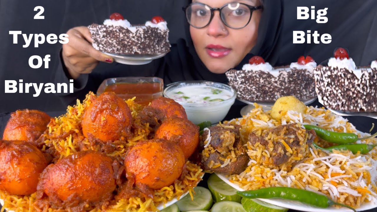 EATING SPICY 2 TYPES OF BIRYANI WITH GRAVY,RAITHA & Pastry || food videos