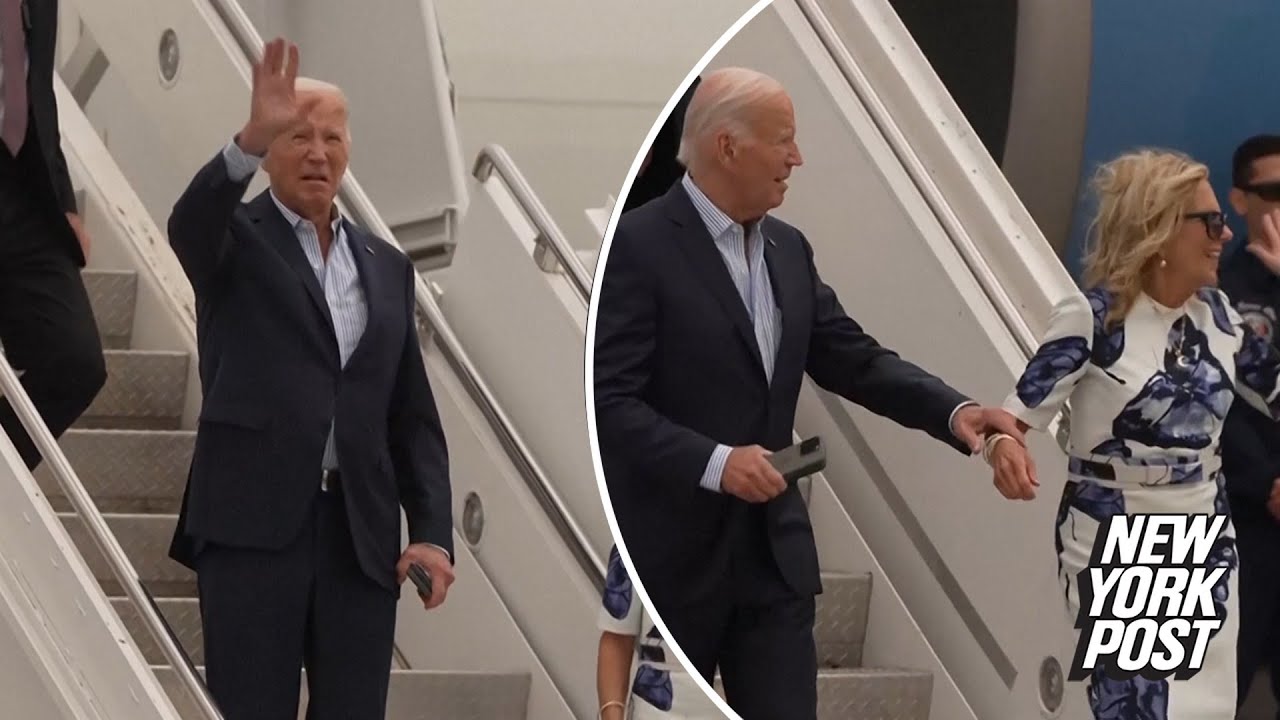 Grimacing Biden clutches Jill’s arm after touching down in Hamptons for ritzy fundraiser