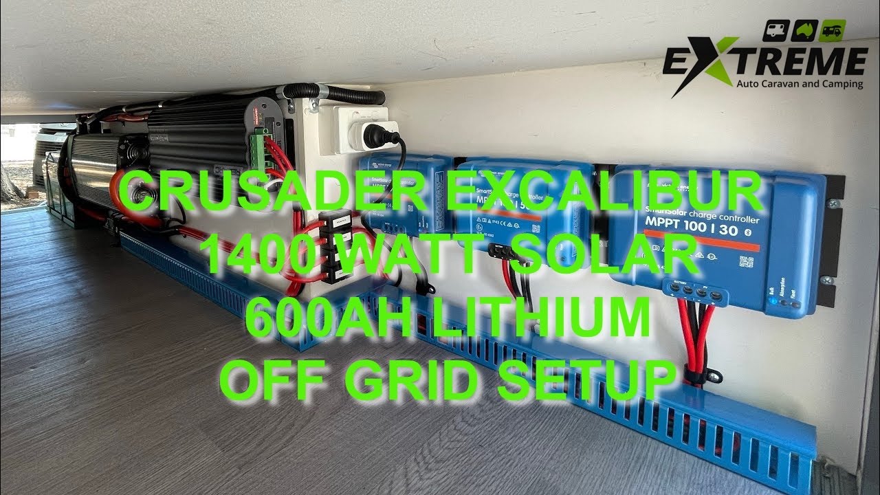 Crusader Excalibur Enerdrive off grid setup 1400 watts of solar 600ah lithium runs the whole caravan