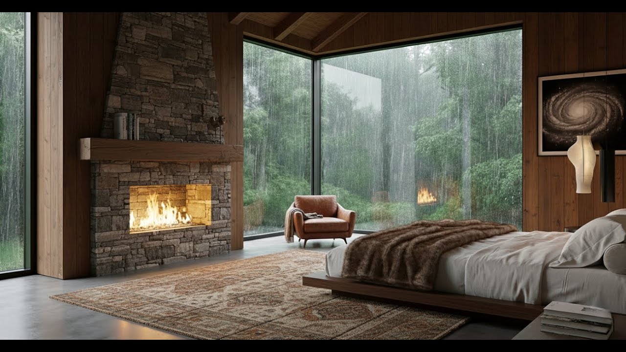 I found the perfect storm. Modern forest retreat with heavy rain sounds