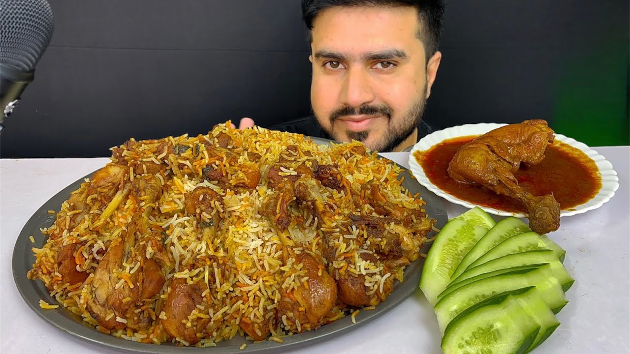 ASMR: EATING SPICY CHICKEN BIRYANI, CHICKEN CURRY, CHILLI PICKLE,SALAD, DRINK | MUKBANG