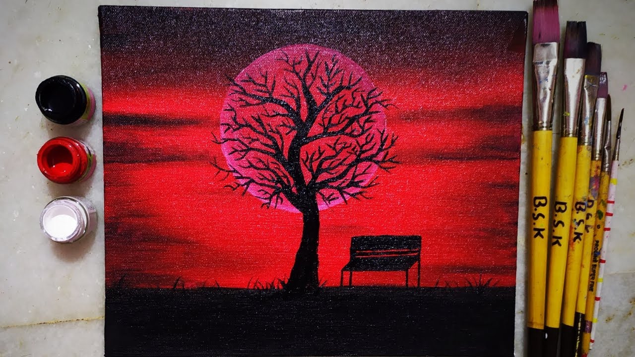 Red moon canvas painting
