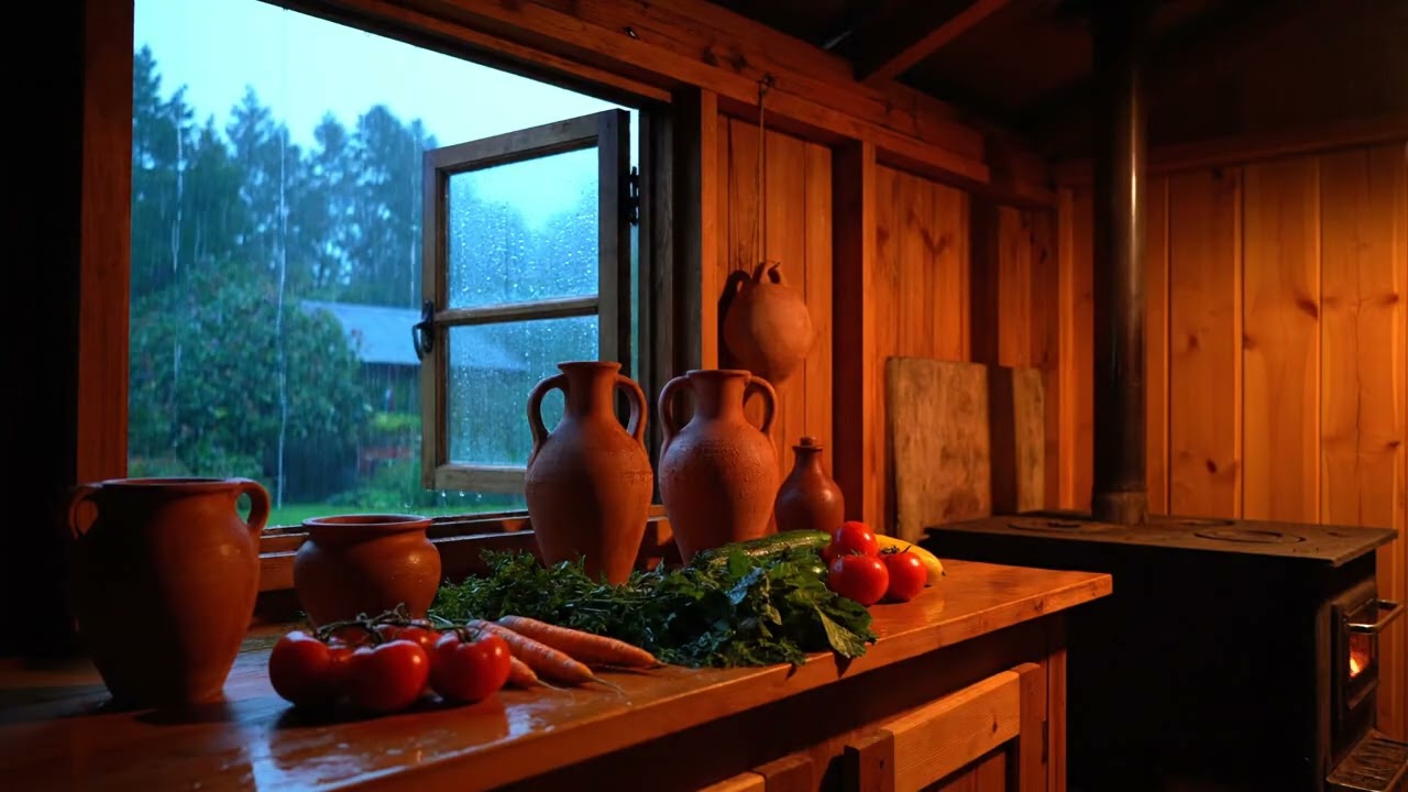 Relaxing Sounds of Rainy Evenings in Countryside Kitchens