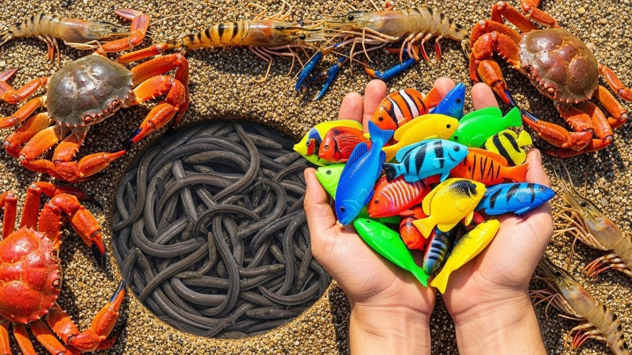 Crabs and Shrimps Compete to Grab the Colorful Fish! Watch What Happens in This Hole 🦀🐟😱